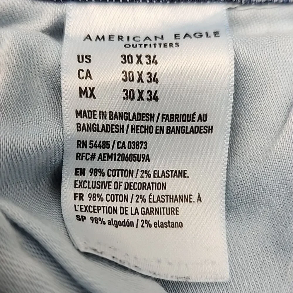 American Eagle Jeans Relaxed Straight Men Sz 30 x 34 Airflex+ Stretch Distressed